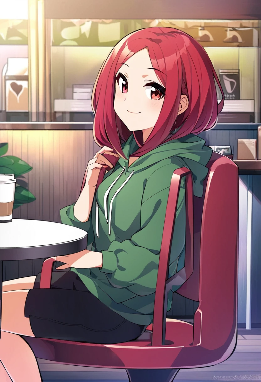 Pretty asian woman, bright red hair, black shorts and a green hoodie, cute, sitting in a big chair. Anime style, coffee shop environment, pretty smile