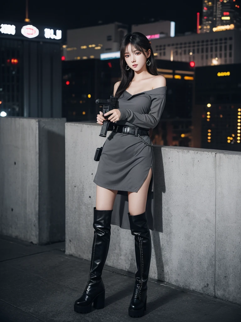 Beautiful woman wearing a black grey mini dress While standing  with decorations on the shirt and visible shoulders and wearing boots and being photographed with a background And was on top of the building holding a gun , Korean style swag, beautiful face so gorgeous, Beautiful eyes, y2k style