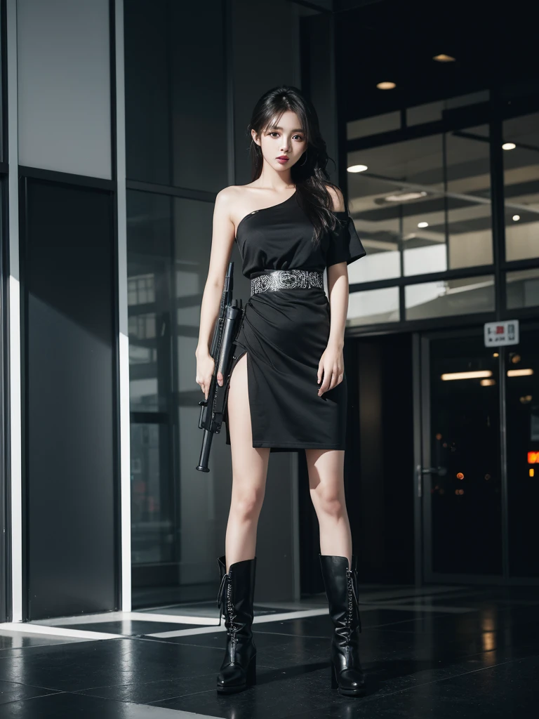Beautiful woman wearing a black grey mini dress While standing with decorations on the shirt and visible shoulders and wearing boots and being photographed with a background And was on top of the building holding a gun , Korean style swag, beautiful face so gorgeous, Beautiful eyes, y2k style