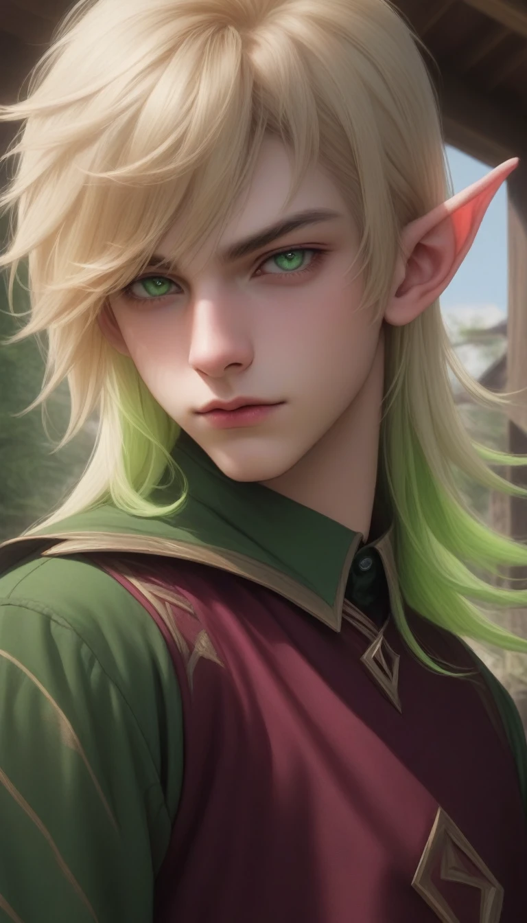 an 18 year old teenage boy with blonde hair, long punk bangs to the chin and shaved on the side, wearing a burgundy band blouse, light green eye, blonde eyebrow, thin face, green color skin, alien, elf ear, ((greenskin))), houses united states back