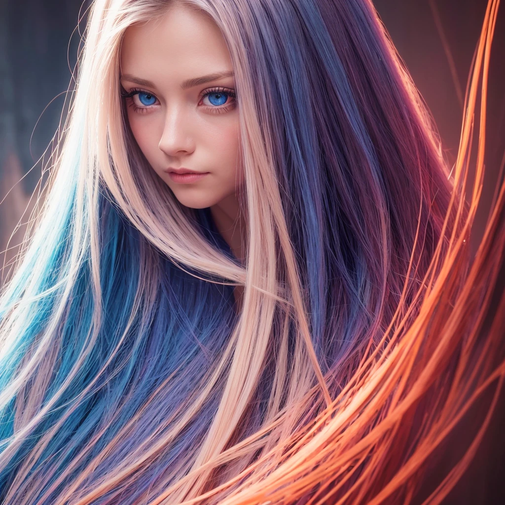 "(Best quality, 4K, high resolution, Masterpiece:1.2), Ultra-detailed, (Realistic, Photorealistic, photo-realistic:1.37), Vibrant red and blue eyes, Strong gaze, Mesmerizing eye contact, Fire-red iris, Deep blue pupils, Vivid colors, Portrait, Fantasy art, Magical red light, Ethereal beauty, pink color palettes, Heterochromia is described in particular detail, Long yellow hair