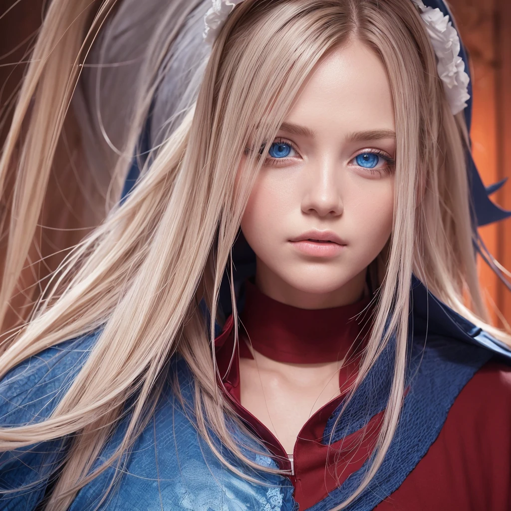"(Best quality, 4K, high resolution, Masterpiece:1.2), Ultra-detailed, (Realistic, Photorealistic, photo-realistic:1.37), Vibrant red and blue eyes, Strong gaze, Mesmerizing eye contact, Fire-red iris, Deep blue pupils, Vivid colors, Portrait, Fantasy art, Magical red light, Ethereal beauty, pink color palettes, Heterochromia is described in particular detail, Long yellow hair