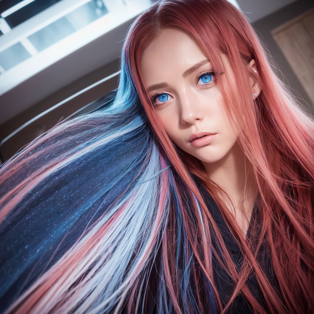 "(Best quality, 4K, high resolution, Masterpiece:1.2), Ultra-detailed, (Realistic, Photorealistic, photo-realistic:1.37), Vibrant red and blue eyes, Strong gaze, Mesmerizing eye contact, Fire-red iris, Deep blue pupils, Vivid colors, Portrait, Fantasy art, Magical red light, Ethereal beauty, pink color palettes, Heterochromia is described in particular detail, Long yellow hair