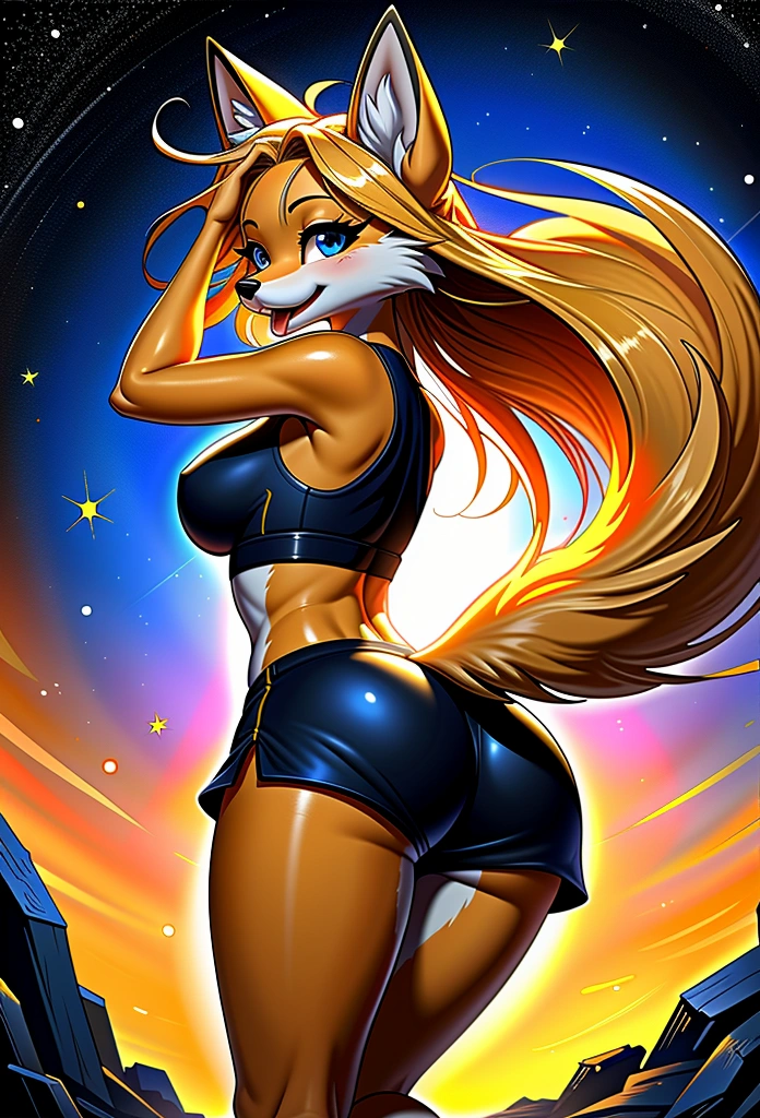 (masterpiece, beautiful), highly detailed, 8k uhd, intricate details, best quality, correct anatomy, vibrant lighting, HD, studio quality, uploaded on e621, shiny yellow furry female fox from below, giantess, from behind, beautiful shiny blue eyes, anthro, snout, black sports bra, short shorts, narrow waist, thick hips, puffy ass, stomach, very long windswept hair, animal earfluff, two-tone fur, breasts, fox tail, long eyelashes, very long hair, happy, sky, night, stars, ground view, anime, cute, tongue
