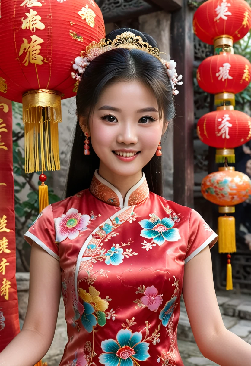 A girl wearing a delicate qipao participates in family gatherings or community celebrations during the holiday season. Her face is filled with joy, and the background is filled with warm family laughter and colorful festival celebrations, showcasing the charm of traditional Chinese culture, (masterpiece, best quality, Professional, perfect composition, very aesthetic, absurdres, ultra-detailed, intricate details:1.3)