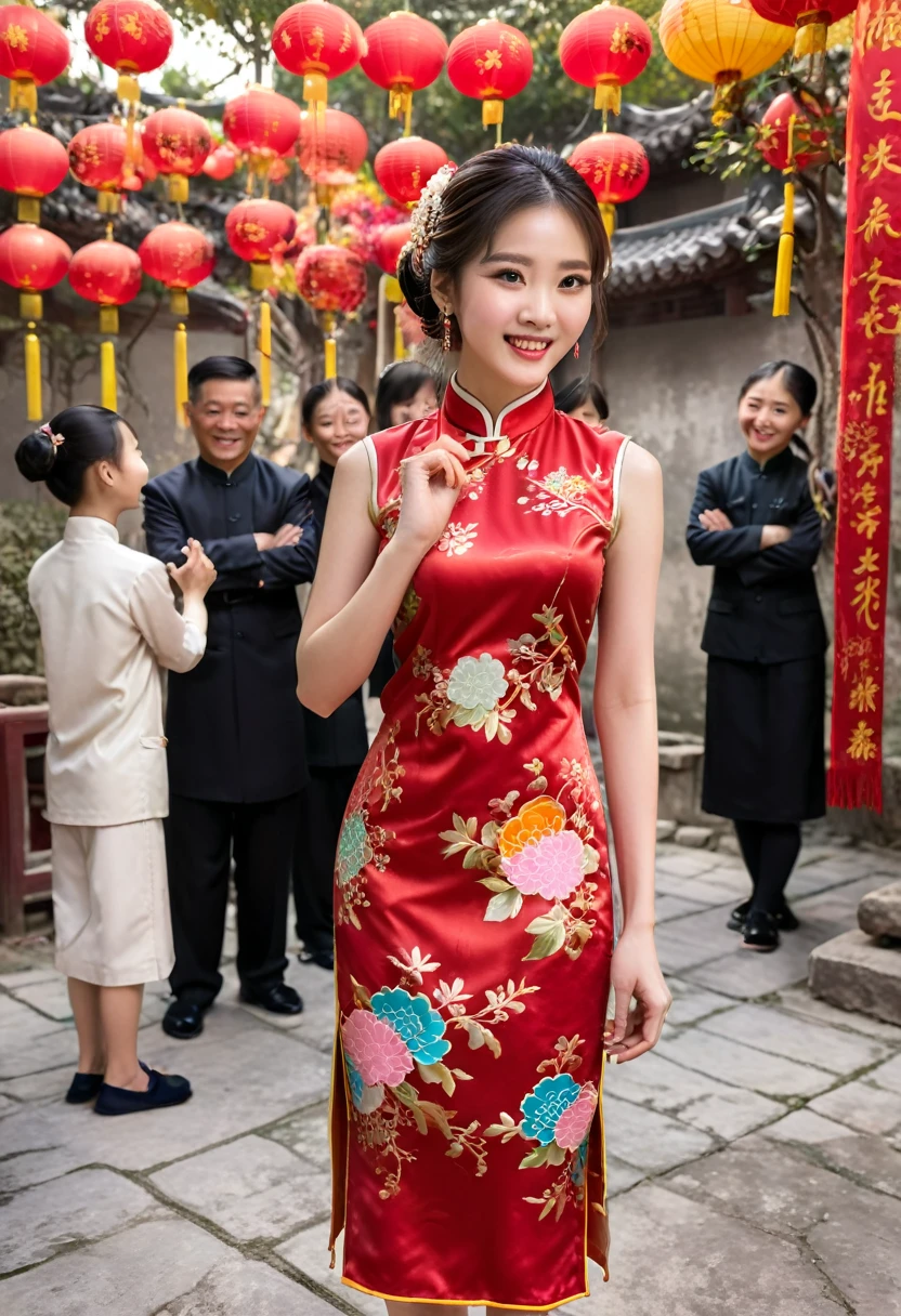 A girl wearing a delicate qipao participates in family gatherings or community celebrations during the holiday season. Her face is filled with joy, and the background is filled with warm family laughter and colorful festival celebrations, showcasing the charm of traditional Chinese culture, (masterpiece, best quality, Professional, perfect composition, very aesthetic, absurdres, ultra-detailed, intricate details:1.3)