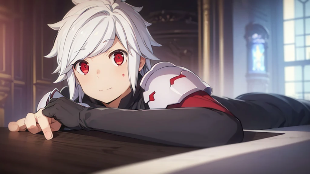 (Best quality:1.1), (masterpiece:1.4), Photorealistic, 1 boy, One, male focus, Looking at the viewer, , depth of field, clear line, , bell_cranelle, White hair, Red eyes, , , Science fiction