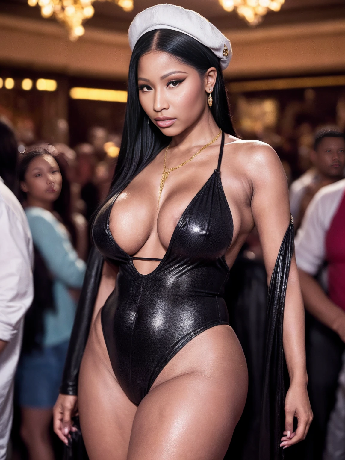 ((THE GIRL IS NICKI MINAJ 1.5)), ((NSFW 1.3, PORN 1.3, NAKED 1.3, EXPOSED VAGINA 1.2, EXPOSED BREASTS 1.2)), ((Nicki Minaj is a famous rapper 1.2, wearing lots of bling 1.2 1.2, wearing lots of jewelry 1.2, holding lots of dollar bills 1.2, wearing gold chain necklace 1.2, wearing a designer cap full of jewels 1.2)), ((FULL BODY SHOT 1.3)), ((20 year old girl 1.2, naughty seductive smile 1.2)), ((beautiful light brown woman 1.2, short shoulder length hair 1.2, short and curvy girl 1.2, very curvy body 1.2, voluptuous 1.2)), ((big breasts 1.2, very wide hips 1.2, curvy figure 1.2, extremely alluring figure 1.2)), ((perfect cleavage 1.2, perfect ass 1.2, perfect feminine body 1.2, perfect curvy proportions 1.2)), (masterpiece, best quality:1.2), 1girl, solo, (best quality,4k,8k,high resolution,masterpiece:1.2), realistic (1.37) girl, ((hyper realistic 1.2)), ((highly detailed face 1.2, Detailed facial features 1.2)), ((showing her ass to the viewer 1.2, dynamic action pose 1.2))), ((club 1.2, dance floor in a night club 1.2, disco lights 1.2, surrounded by dancing people 1.2))