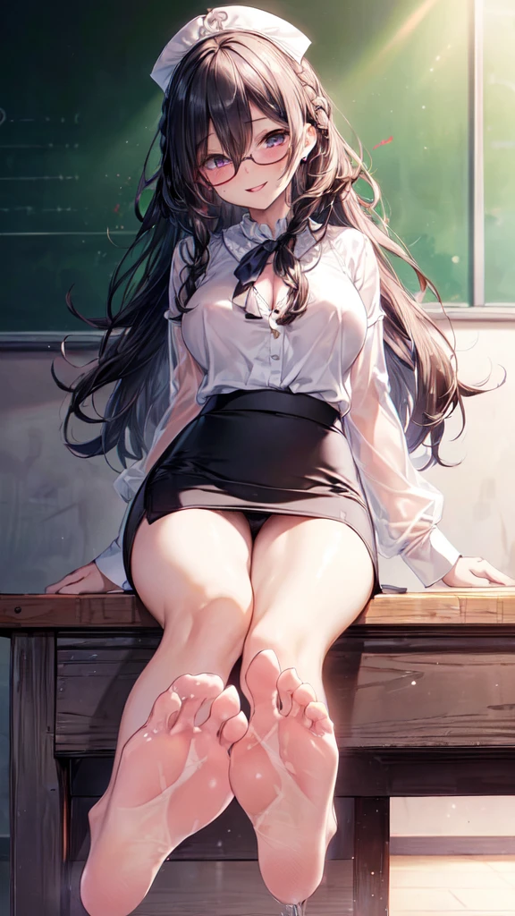 (Ultra-high resolution of the highest quality, masutepiece, Best Quality, 8K, Super Detail, Best Quality:1.3), (Anatomically correct:1.2), (1  female teacher:1.6), (large breasts:1.1), (drooping eyes:1.3), (blush cheek, blush body:1.3), (wavy hair, braid hair:1.2), (long hair:1.2), (black hair:1.2), (glasses:1.3), (white blouse, pencil skirt:1.7), (class room:1.1), front view, Extremely cute, (extremely detailed beautiful face), Authentic skin texture, beautiful hair, beautiful face, beautiful eyes, beautiful body, beautiful hands, (clothed:1.6), (aroused, naughty face, seductive smile:1.8), (erect nipples), (hair over eyes:1.5), (looking down:1.3), (open mouth:1.2), (face focus:1.6), cleavage breasts focus, (legs focus:1.2), (from below:1.3), (Sitting:1.6), (slouching forward:1.3), (sole of foot:1.6), (sole of foot focus:1.2), (panty shot:1.1)