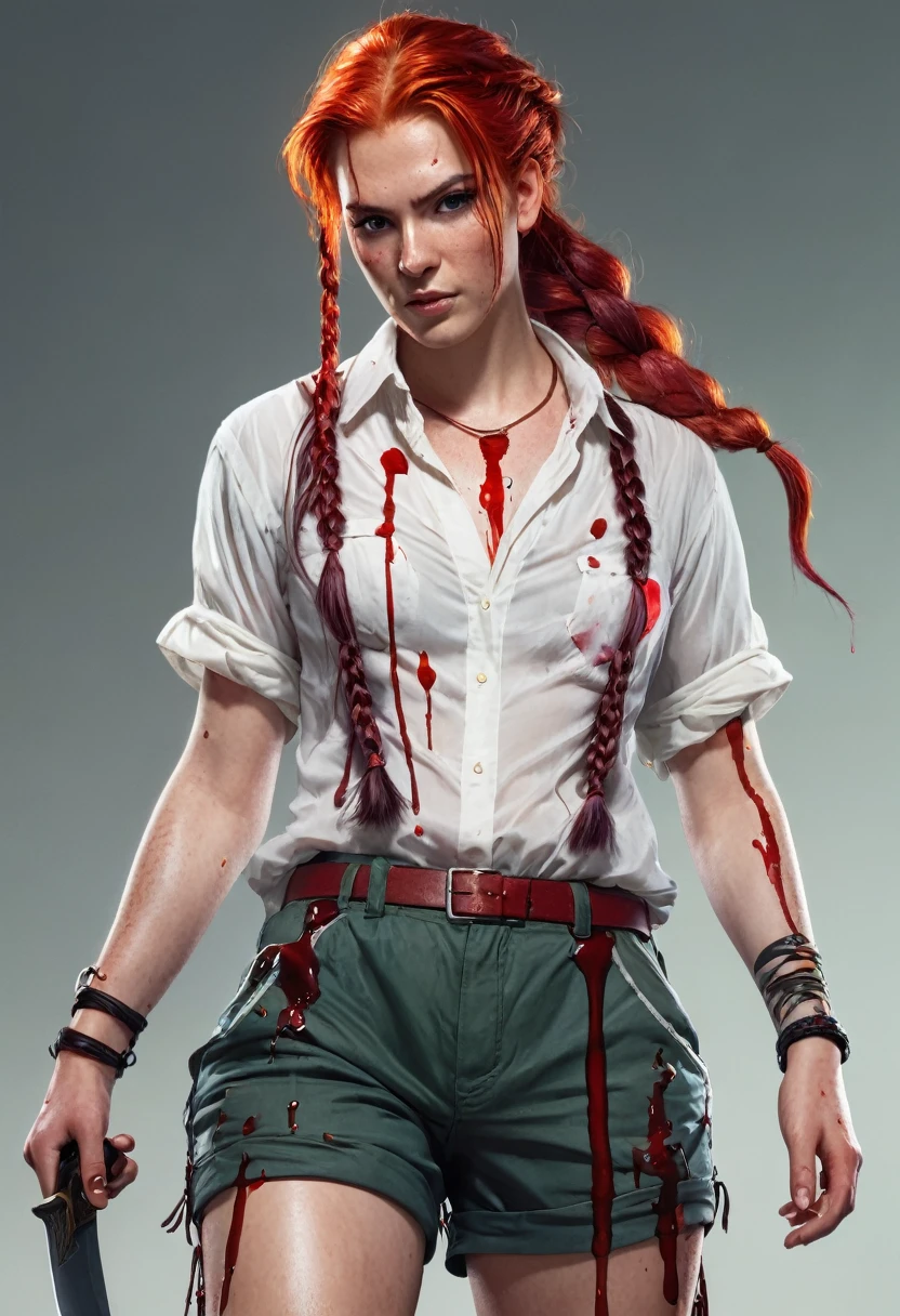 Our character has red hair, braided hair and blood streaks, a knife in his hand and shorts and a blouse.