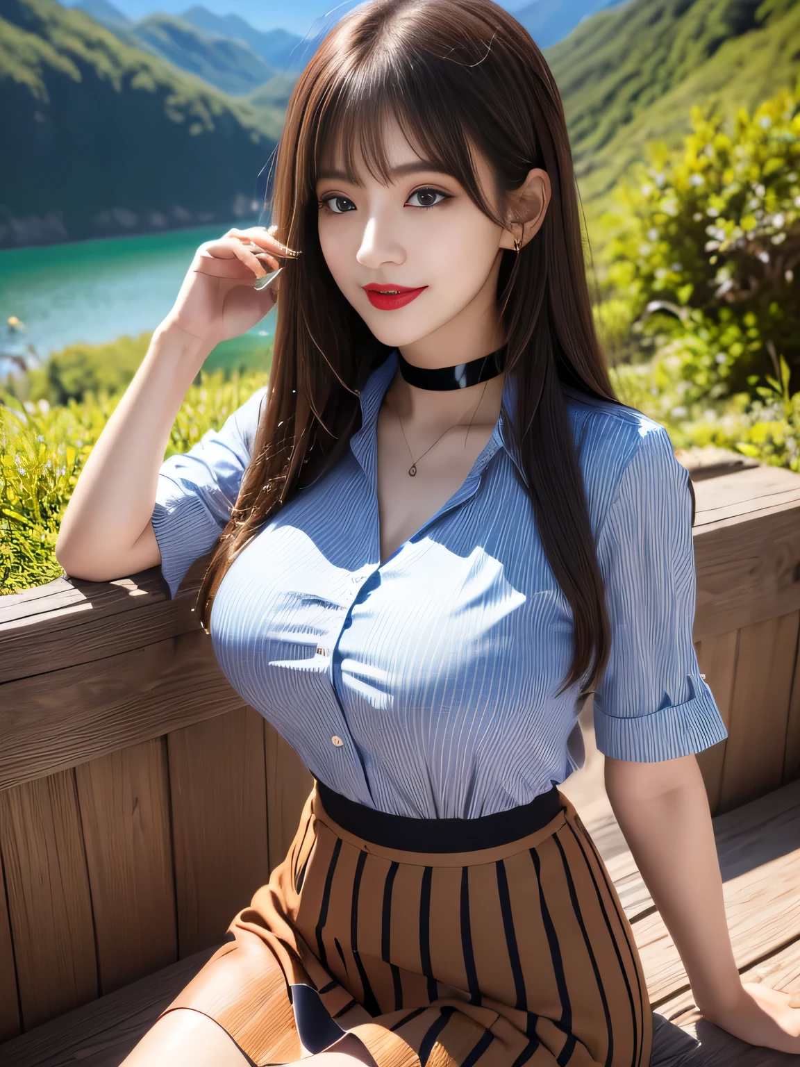 ((Highest quality, 8K, Representative works in detail, Ultra-high resolution)), (Looking at the audience), Attractive woman, ((Big Breasts)), smile, ((Black Choker)), Slim figure, (blue eyes), Long eyelashes, bangs, Beautiful shiny brown hair, Nogizaka idol, Slim face、((Striped shirt、flare skirt、Full body portrait)), Millionaire's daughter、Dependents、Glossy straight hair、((Mountain trail、Look up、Nice views)), Red lipstick, ((Mountainous Regions))、blue sky、Healthy Thighs
