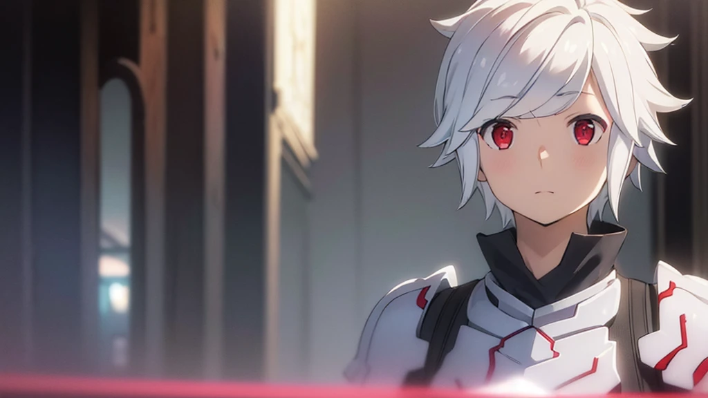 (Best quality:1.1), (masterpiece:1.4), Photorealistic, 1 boy, One, male focus, Looking at the viewer, , depth of field, clear line, , bell_cranelle, White hair, Red eyes, , , Science fiction