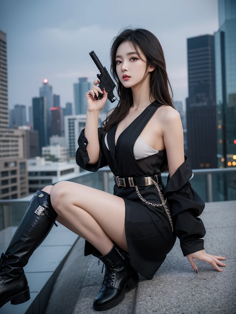 Sexy beauty with long black hair，Big breasts, Big buttocks, Thighs，nakeness，dewpoint，full bodyesbian，arm，binding，Military equipment，Tattered black latex clothing，bandagens，survive，Shooting，with rifle