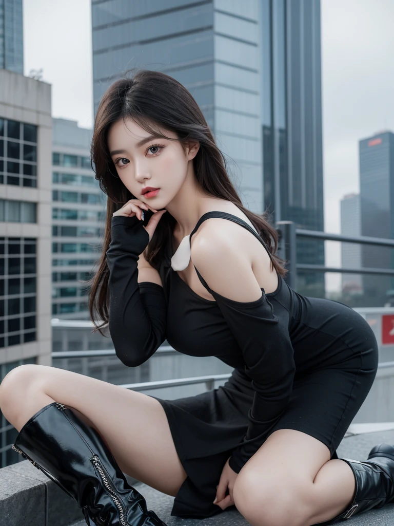 Beautiful woman wearing a black grey mini dress with decorations on the shirt and visible shoulders and wearing boots and being photographed with a background And was on top of the building holding a gun , Korean style swag, beautiful face so gorgeous, Beautiful eyes, y2k style