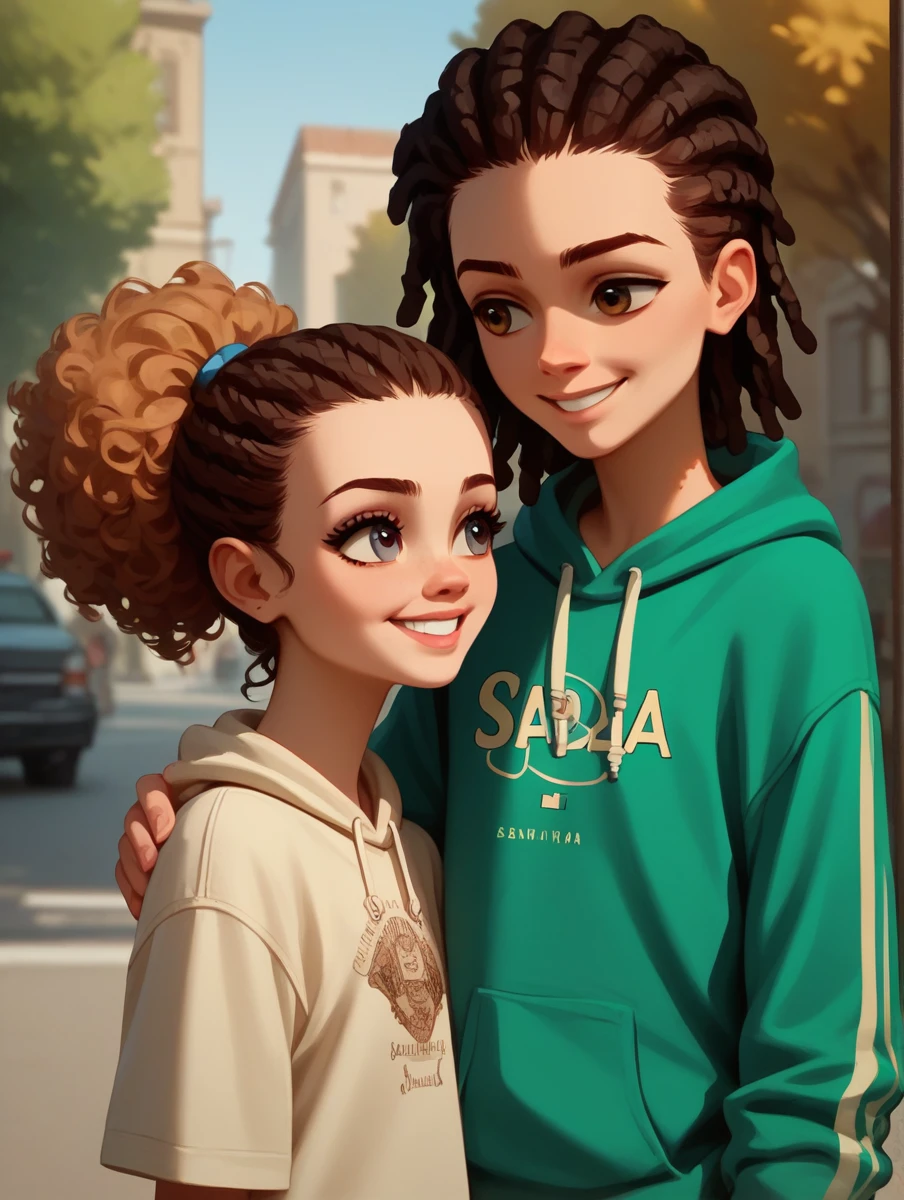 score_9, score_8_up, score_7_up, score_6_up,  young black  woman and man, Spanish,skin color is brown, matching sweatshirt, beautiful detailed eyes, boy with Dreadlocks,hair tied back, girl with curly hair, urban setting, vibrant colors, street art, couple pose, smiling at each other, natural lighting, realistic, modern art style, high resolution, rich texture, youthful energy,