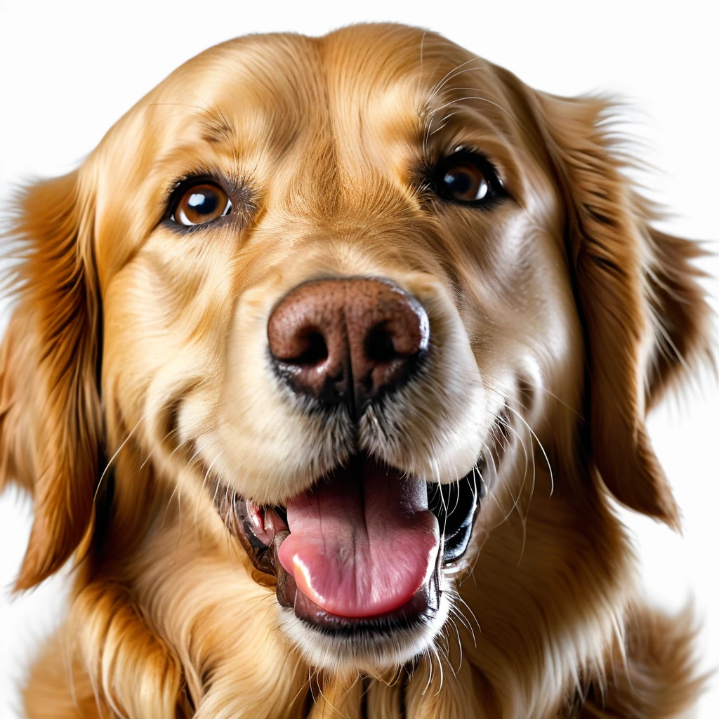 masterpiece, ultra realistic, UHD, 4k, a picture of a happy golden retriever face, white background