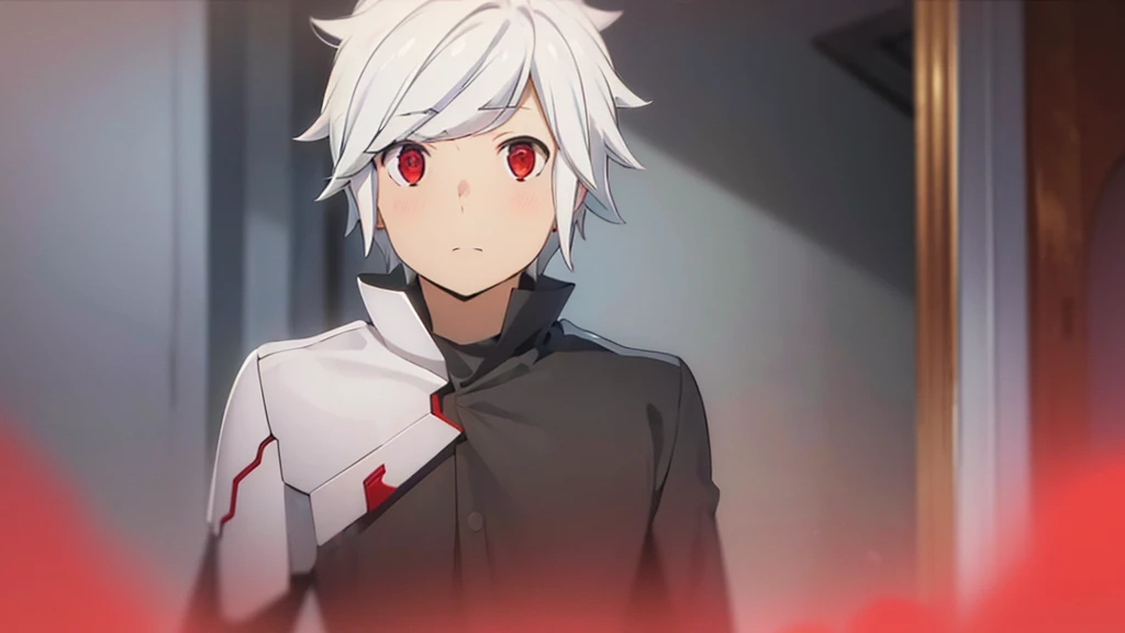 (Best quality:1.1), (masterpiece:1.4), Photorealistic, 1 boy, One, male focus, Looking at the viewer, , depth of field, clear line, , bell_cranelle, White hair, Red eyes, , , Science fiction