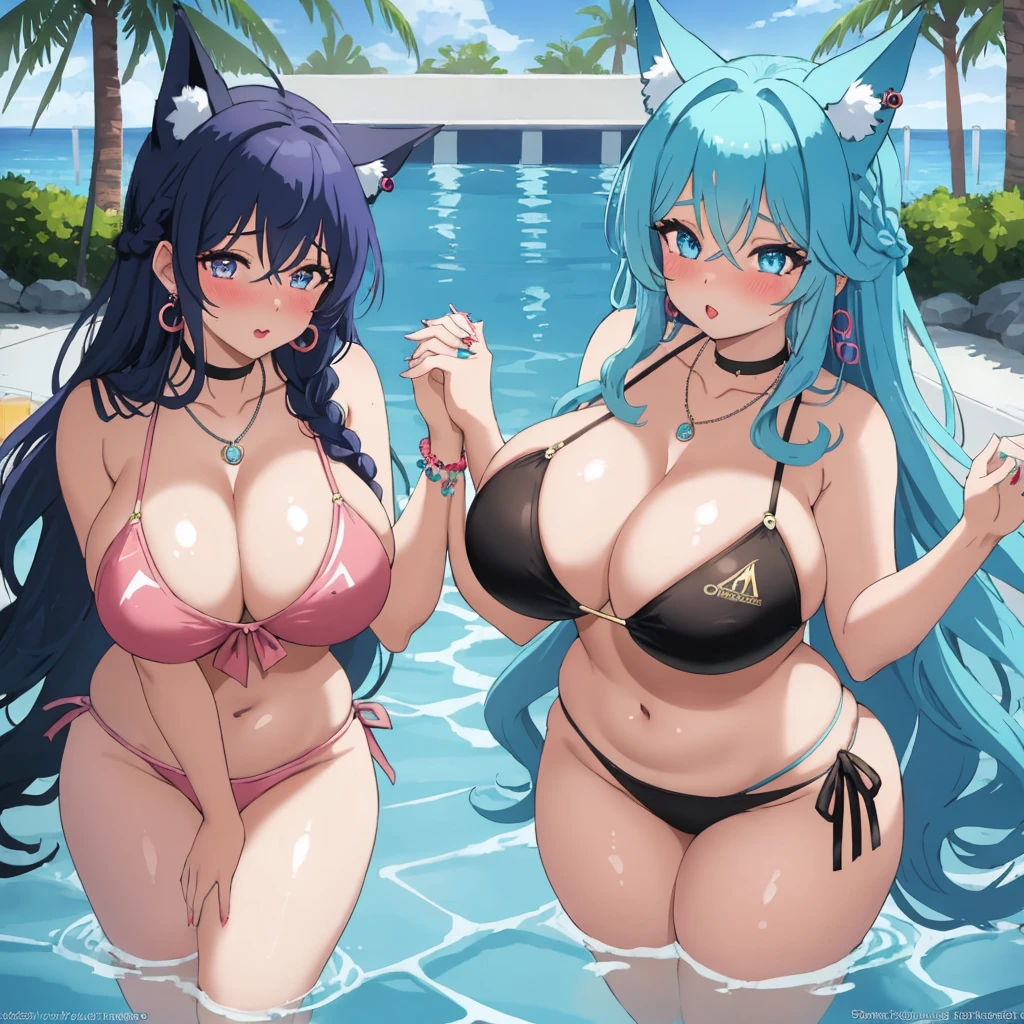 masterpiece, best quality, 2girls, duo, long hair, light blue hair, braid, curly hair, milf, huge , mommy, thick, succubus, expressive eyes, lipstick, earrings, necklace, big eyelashes, blush, seductive, beautiful, cute, adorable, fox ears, sexy, swimsuit, swimming pool, blowing kiss, holding hands, grabbing ass