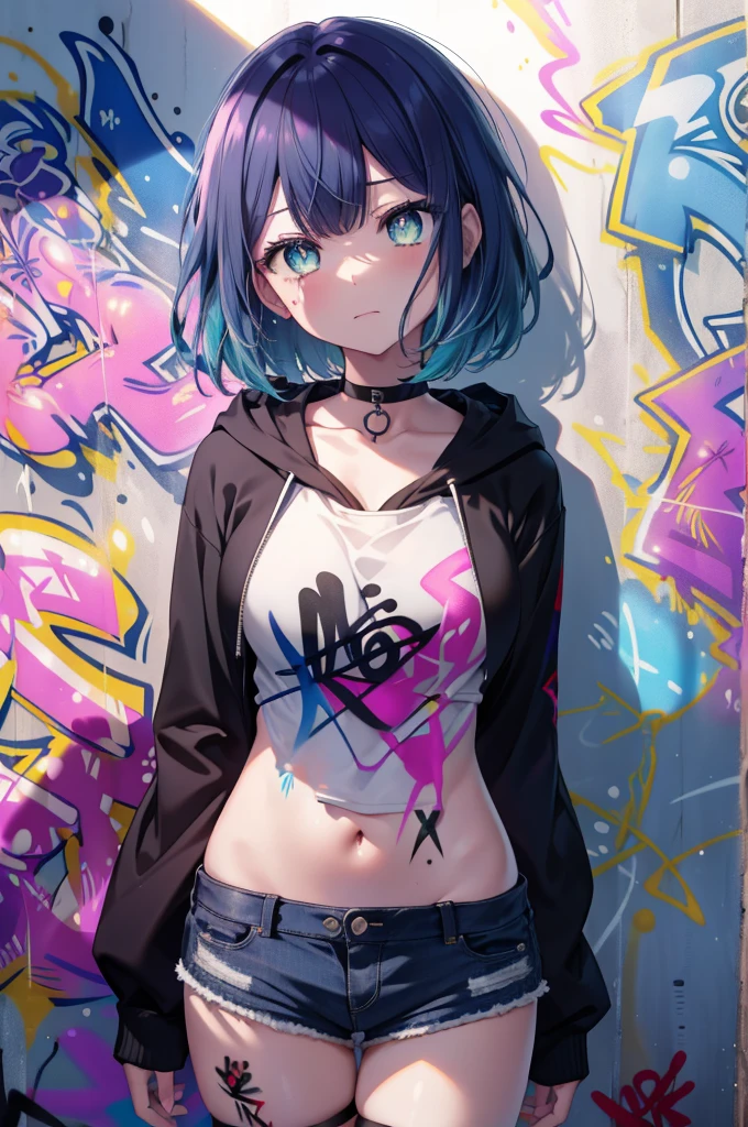 akanekurokawa, Akane Kurokawa, aqua eye, blue hair, medium hair, side lock,black hoodie,wearing a hood,denim shorts, choker, (graffiti:1.5), paint splatters, turn your arms behind your back, towards the wall, looking at the viewer, thigh strap, head tilt, was bored, blow bubble gum, pink bubble gum,
壊す looking at viewer,
break outdoors, destroy the back alley (masterpiece:1.2), highest quality, High resolution, unity 8k wallpaper, (figure:0.8), (detailed and beautiful eyes:1.6), highly detailed face, perfect lighting, Very detailed CG, (perfect hands, perfect anatomy),イヤリング
