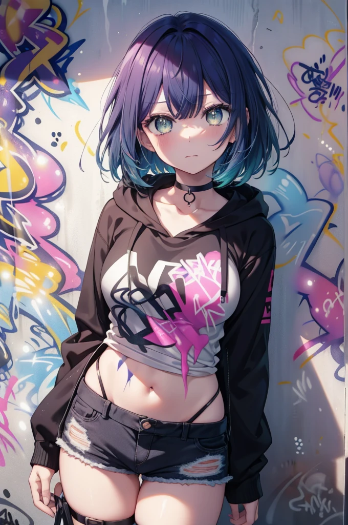 akanekurokawa, Akane Kurokawa, aqua eye, blue hair, medium hair, side lock,black hoodie,wearing a hood,denim shorts, choker, (graffiti:1.5), paint splatters, turn your arms behind your back, towards the wall, looking at the viewer, thigh strap, head tilt, was bored, blow bubble gum, pink bubble gum,
壊す looking at viewer,
break outdoors, destroy the back alley (masterpiece:1.2), highest quality, High resolution, unity 8k wallpaper, (figure:0.8), (detailed and beautiful eyes:1.6), highly detailed face, perfect lighting, Very detailed CG, (perfect hands, perfect anatomy),イヤリング