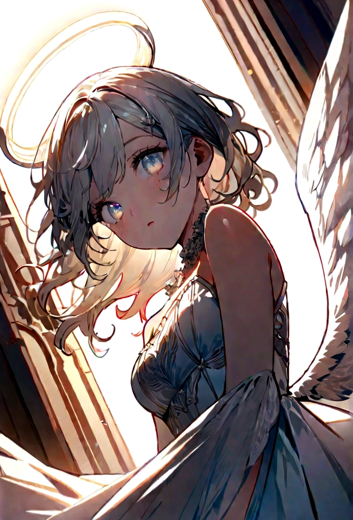 (((masterpiece))), (((best quality))), ((ultra-detailed)), (illustration), (detailed light), ((an extremely delicate and beautiful)), (beautiful detailed eyes), (sunlight), (angel), solo, young girls, dynamic angle, floating, bare_shoulders, looking_at_viewer, wings , arms_up, halo, Floating white silk, (Holy Light), just like silver stars imploding we absorb the light of day