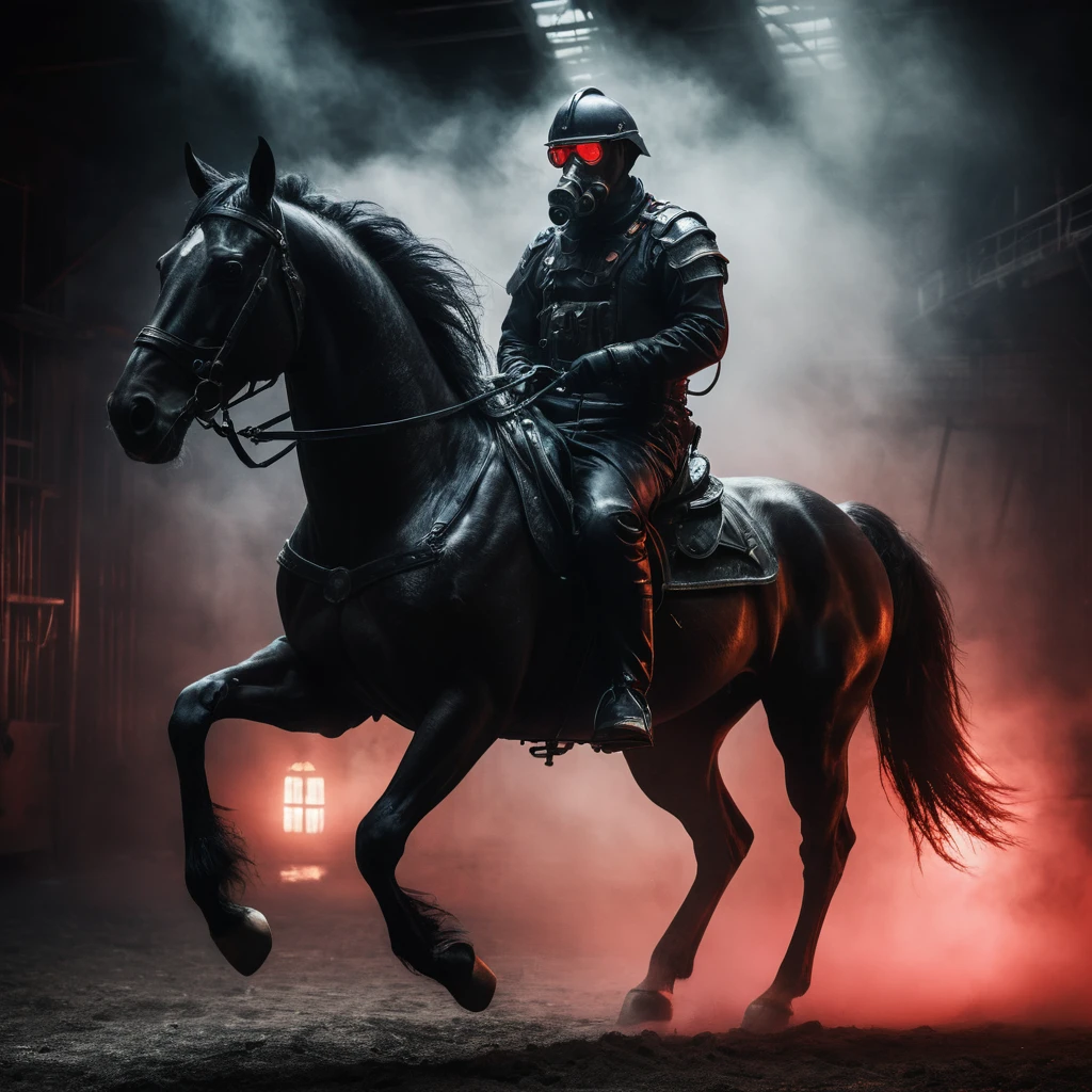A high-resolution ((portrait)) image of a (man) drive horse, with intense red glowing eyes. He is dressed in a sleek, black outfit that fits snugly, emphasizing his form. Standing beside him is a black mechanical horse, its metallic body gleaming faintly. The scene is set in a gloomy, dark environment, with heavy shadows and a somber atmosphere. The background includes hints of fog or mist, adding to the eerie and mysterious mood. The lighting is dim, highlighting the man’s red eyes and the mechanical details of the horse, creating a dramatic and striking visual.

The background is a dimly lit, industrial setting with hints of metallic surfaces and shadows, creating a foreboding atmosphere. The lighting is low and directional, casting subtle highlights on the gas mask and his damp hair, while leaving parts of his face in shadow, enhancing the dramatic effect. There is a faint mist or smoke in the air, adding depth and texture to the scene. The overall ambiance is one of mystery and intensity, with a slightly dystopian feel.