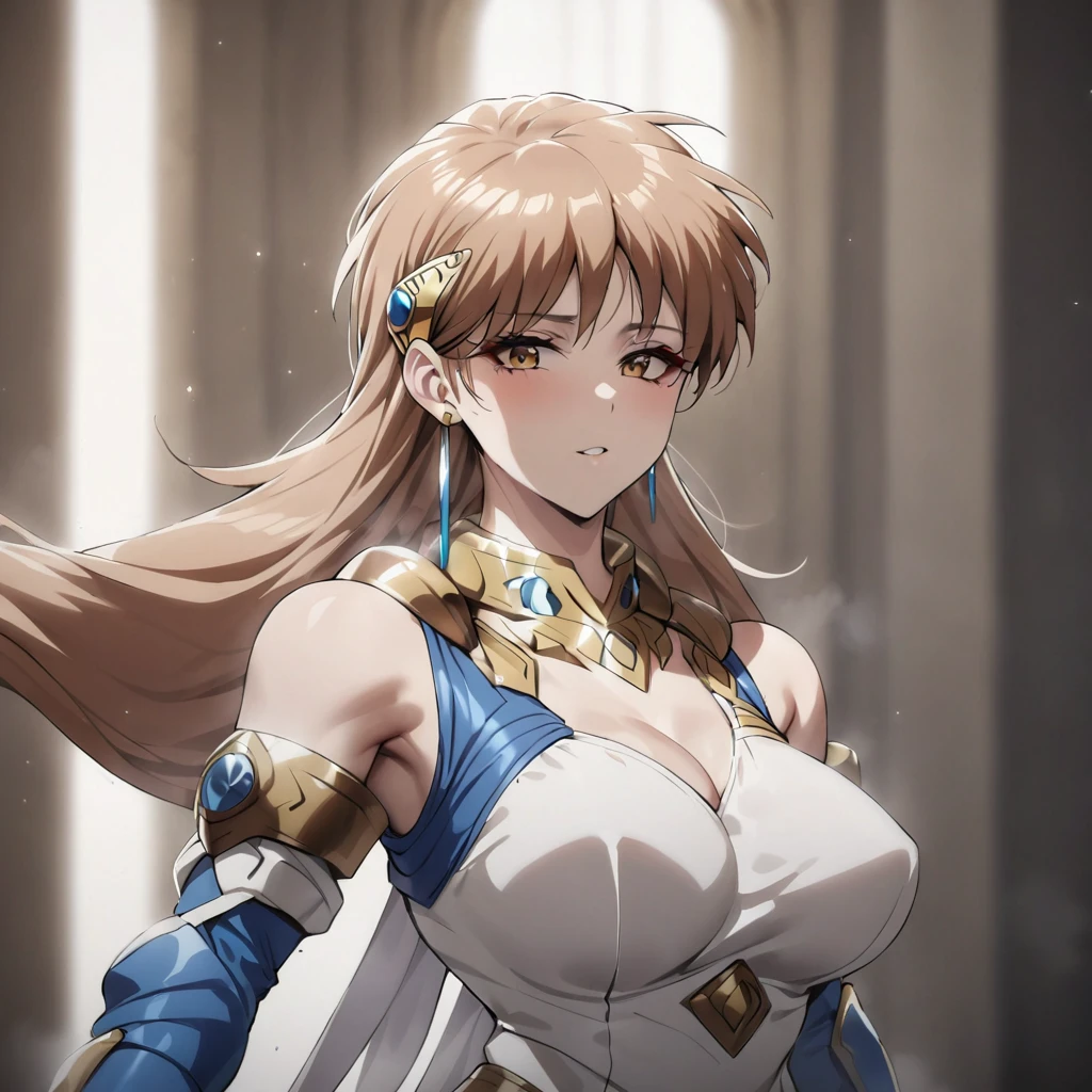 ((Highest quality)), ((masterpiece)), (detailed), （Perfect Face）、The woman is Princess Leona, with long light brown hair and the appearance of a Sentai heroine.