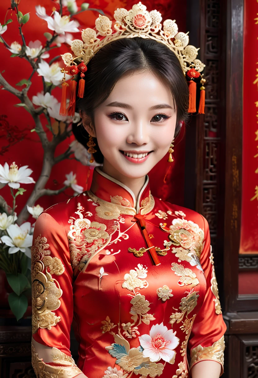 photography, with a girl as the bride wearing a red or gold qipao at a Chinese wedding. The dignified and festive atmosphere of the qipao perfectly blends, and she smiles, looking very happy. The background is the carefully decorated Chinese wedding and the blessings of family and friends, close-up shots, (masterpiece, best quality, Professional, perfect composition, very aesthetic, absurdres, ultra-detailed, intricate details:1.3)