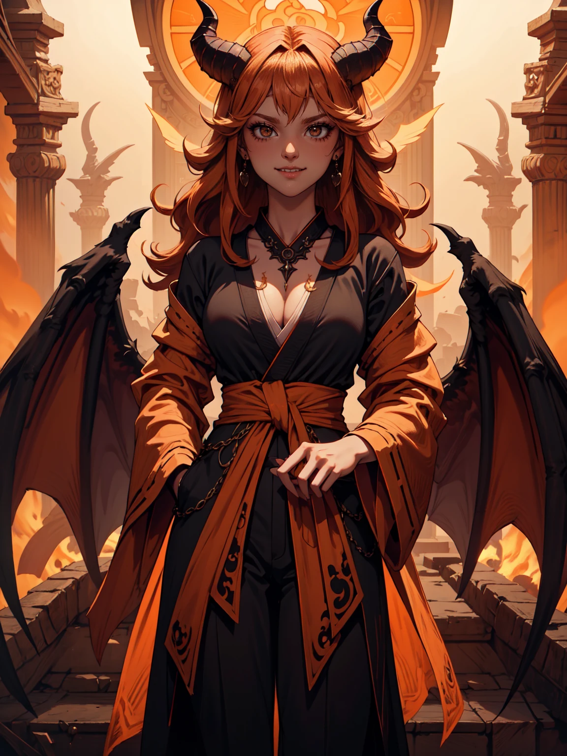 Ultra High Definition, Ultra High Quality, Hyper Definition, Hyper Quality, Hyper Detailed, Extremely Detailed, Perfectly Detailed, 8k, Demon Young Mistress, Scary, Long Orange Curly Hair, ((  Big Angel Dark Wings)), ((White-Orange Horns)), (Solid Orange Demon Eyes), Evil Smile, Dressed With Black Kimono, Pants, Town Fire Background