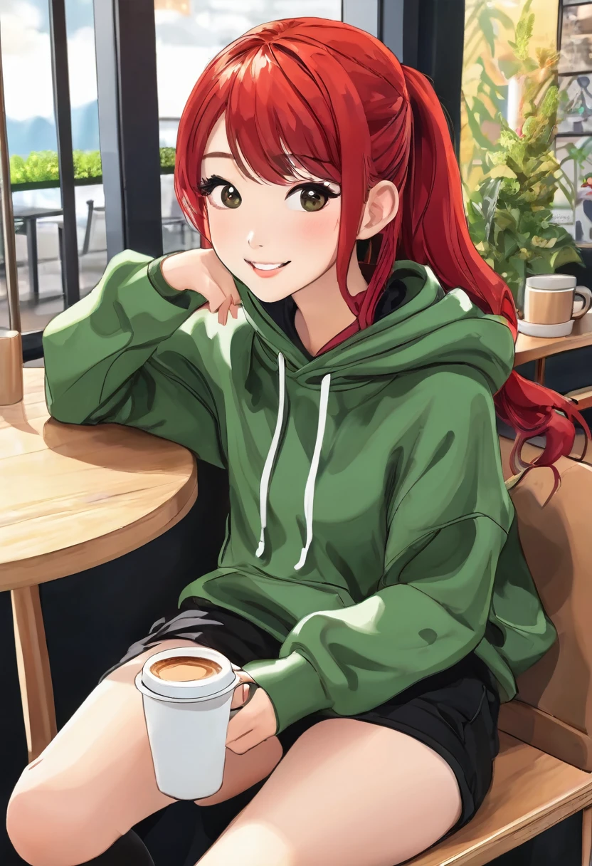 Pretty asian woman, bright red hair, black shorts and a green hoodie, cute, sitting in a big chair. Anime style, coffee shop environment, pretty smile