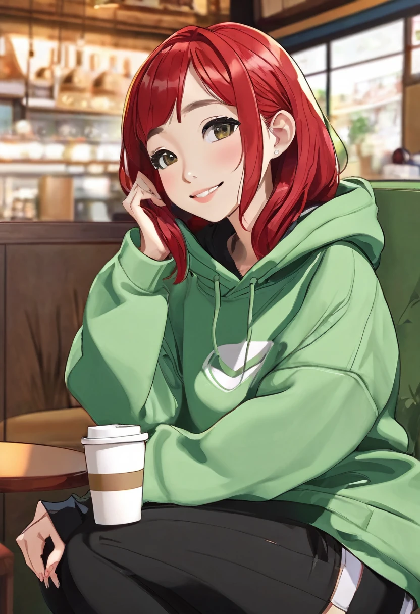 Pretty asian woman, bright red hair, black shorts and a green hoodie, cute, sitting in a big chair. Anime style, coffee shop environment, pretty smile