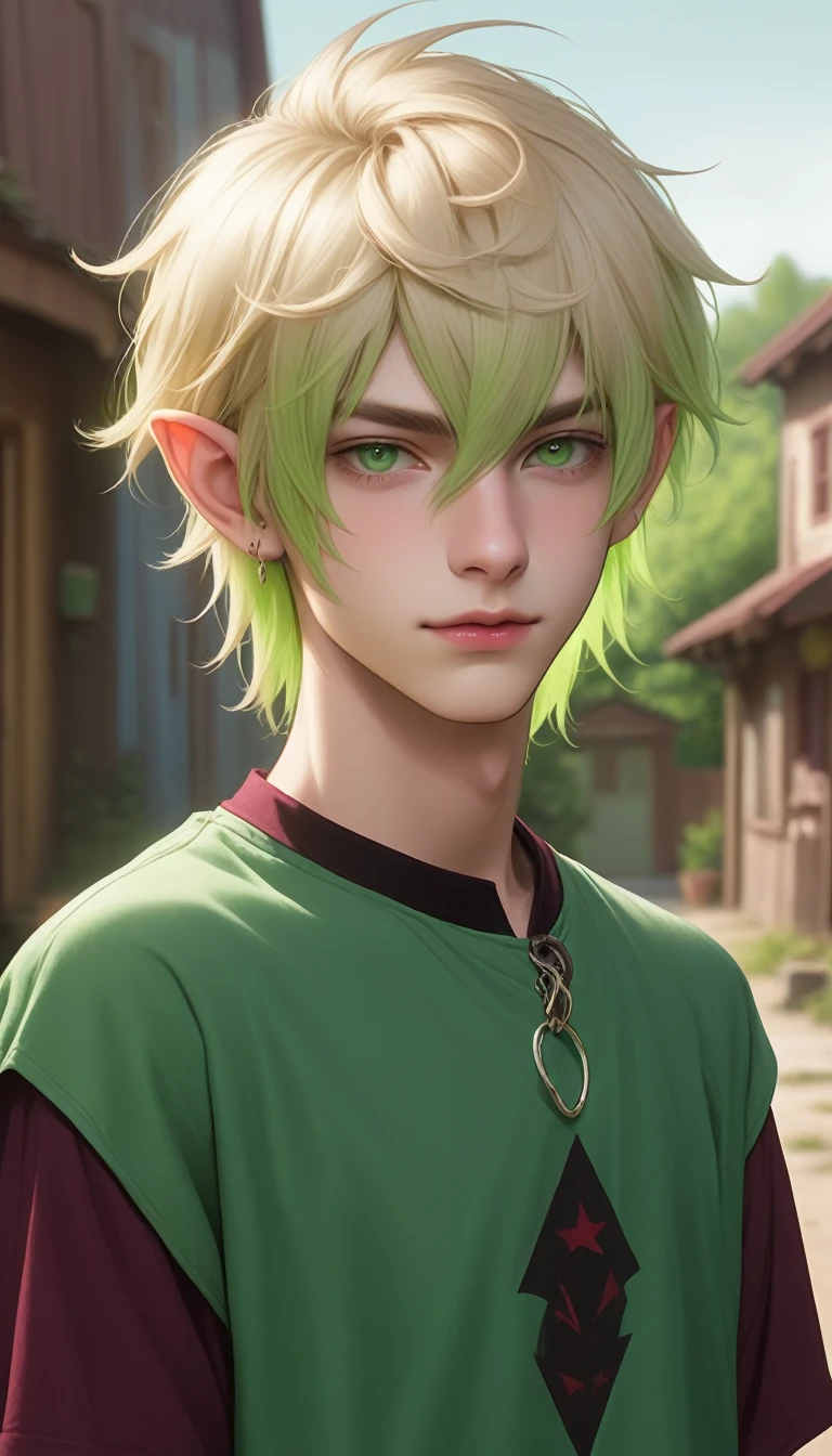 an 18 year old teenage boy with blonde hair, long punk bangs to the chin and shaved on the side of the head, usando uma band blouse cor vinho, light green eye, blonde eyebrow, thin face, green color skin, alien, elf ear, ((greenskin))), houses united states back, short hair on the sides, keychain with pointed fringe, band blouse,