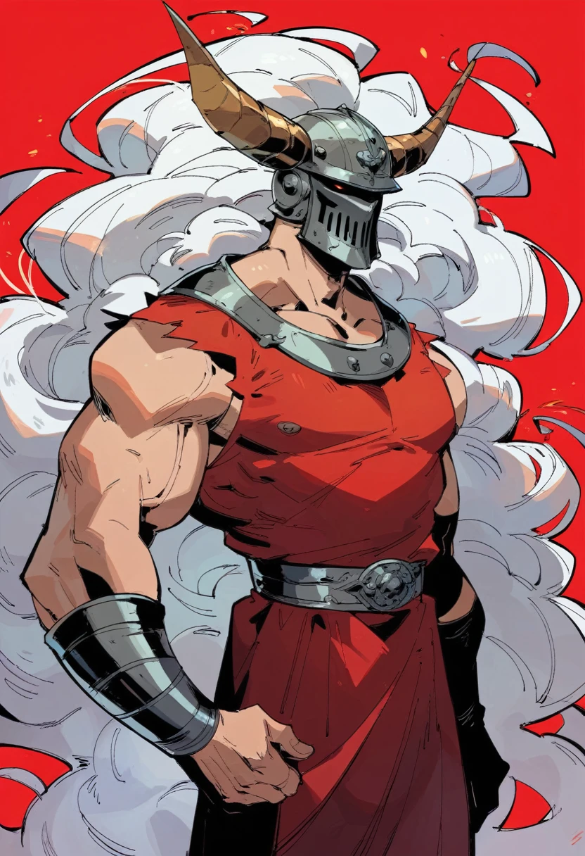 hds style, man, old, very long  white hair, hair combed back, very long beard, muscular, wearing red tunic with metal bib, wearing metal slavic helmet, hold battle axe. on background of sky , sunny, 