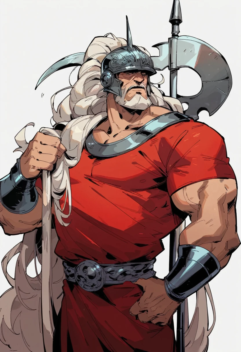 hds style, man, old, very long  white hair, hair combed back, very long beard, muscular, wearing red tunic with metal bib, wearing metal slavic helmet, hold battle axe. on background of sky , sunny, 