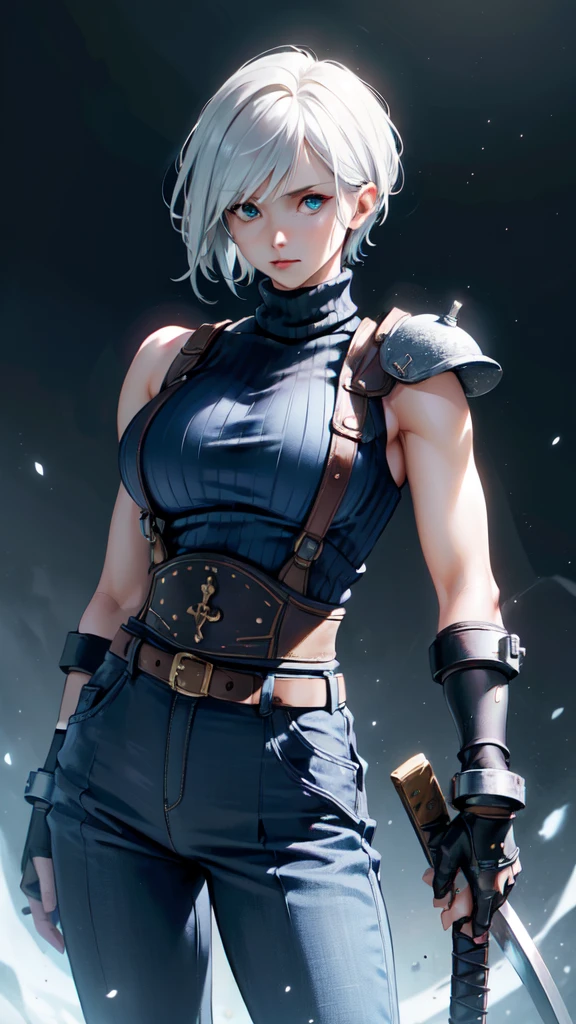 (masterpiece, best quality:1.2), expressive eyes, perfect face, highres, 1 girl, solo, (female:1.5), strife, short hair, shoulder armor, sleeveless turtleneck, suspenders, belt, gloves, bracer, standing, portrait, looking at viewer, White hair, Blue glowing eyes, holding a giant katana,