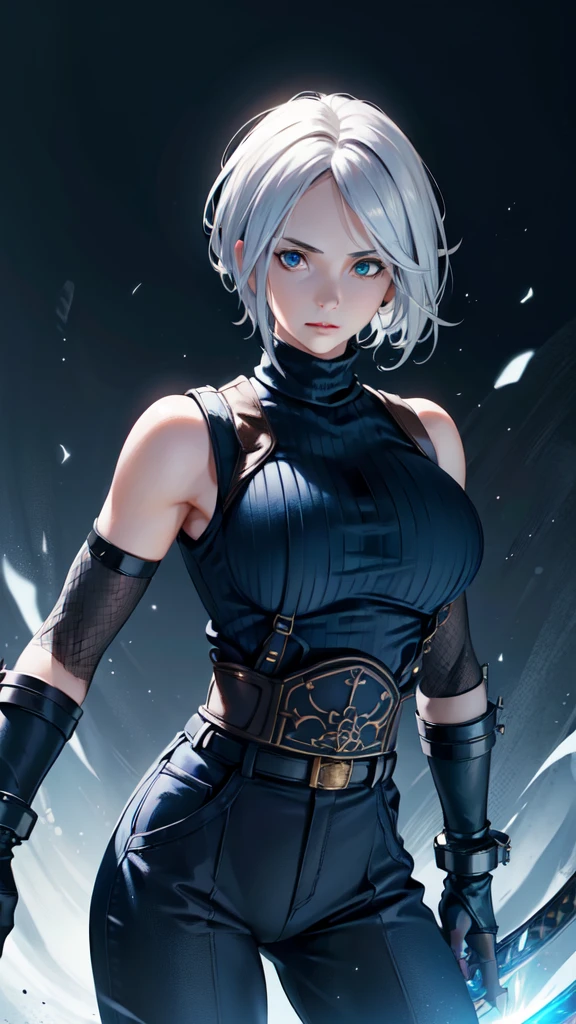 (masterpiece, best quality:1.2), expressive eyes, perfect face, highres, 1 girl, solo, (female:1.5), strife, short hair, shoulder armor, sleeveless turtleneck, suspenders, belt, gloves, bracer, standing, portrait, looking at viewer, White hair, Blue glowing eyes, holding a giant katana,