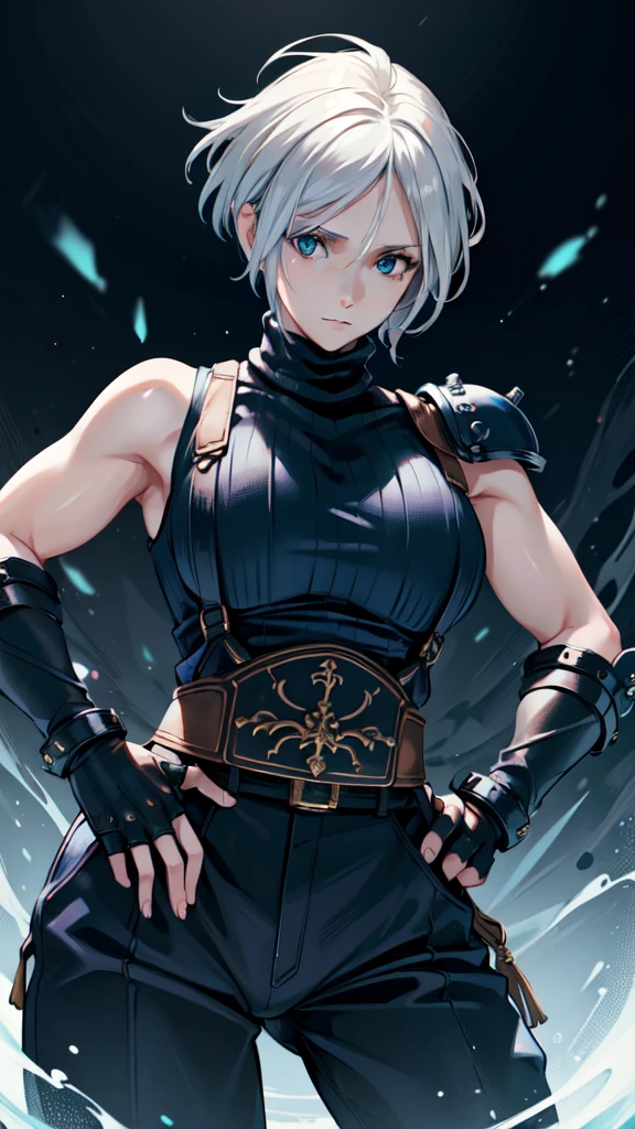 (masterpiece, best quality:1.2), expressive eyes, perfect face, highres, 1 girl, solo, (female:1.5), strife, short hair, shoulder armor, sleeveless turtleneck, suspenders, belt, gloves, bracer, standing, portrait, looking at viewer, White hair, Blue glowing eyes, holding a giant katana,