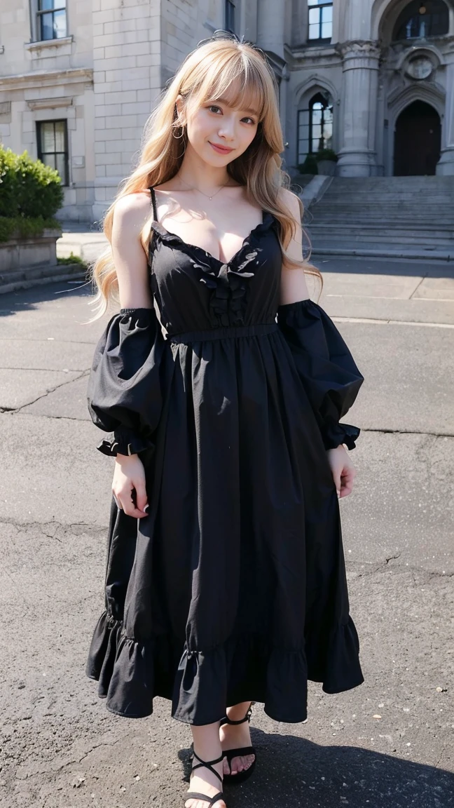 (8K、RAW Photos、Highest quality、masterpiece:1.2)、(Realistic、Photorealistic)、1 Girl、((Castle、smile、Black Dress、Sandals、whole body、Big dress、Frills、Blonde、Big Breasts、Look forward、Are standing))、