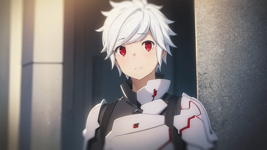 (Best quality:1.1), (masterpiece:1.4), Photorealistic, 1 boy, One, male focus, Looking at the viewer, , depth of field, clear line, , bell_cranelle, White hair, Red eyes, , , Science fiction