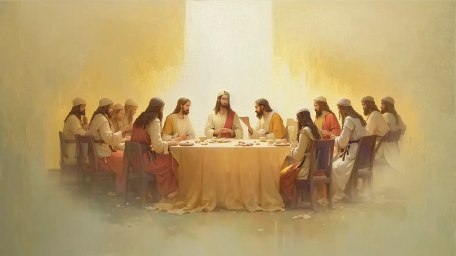 a painting of a group of people sitting around a table, the span jantar, span jantar composition, span jantar, called 'the span jantar', the span jantar painting, dnd span jantar, biblical painting, !!posando_as_span_jantar, religious painting, clothed figures sitting around a table, bible illustration, Christian art, jesus, biblical art style
