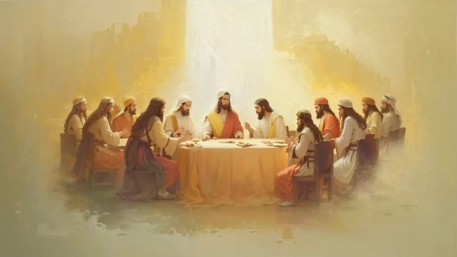 a painting of a group of people sitting around a table, the span jantar, span jantar composition, span jantar, called 'the span jantar', the span jantar painting, dnd span jantar, biblical painting, !!posando_as_span_jantar, religious painting, clothed figures sitting around a table, bible illustration, Christian art, jesus, biblical art style