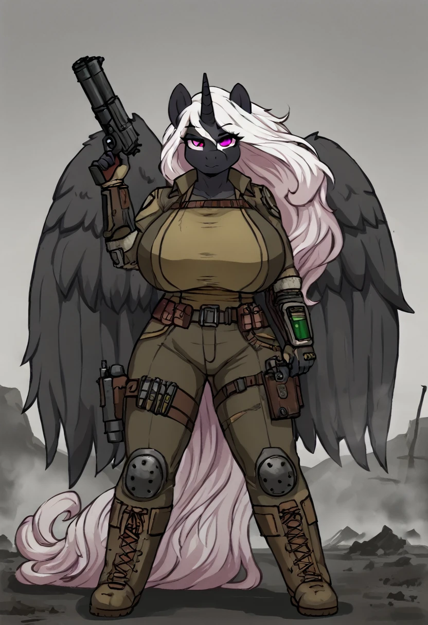  Alicorn princess   , white mane, ,black fur   color  long flowing  mane pink  eyes anthro huge breasts  
Fallout equestria raider,gun