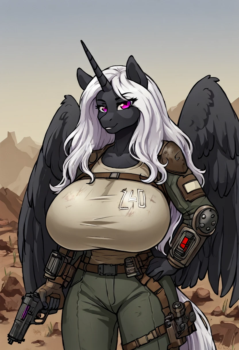  Alicorn princess   , white mane, ,black fur   color  long flowing  mane pink  eyes anthro huge breasts  
Fallout equestria raider,gun