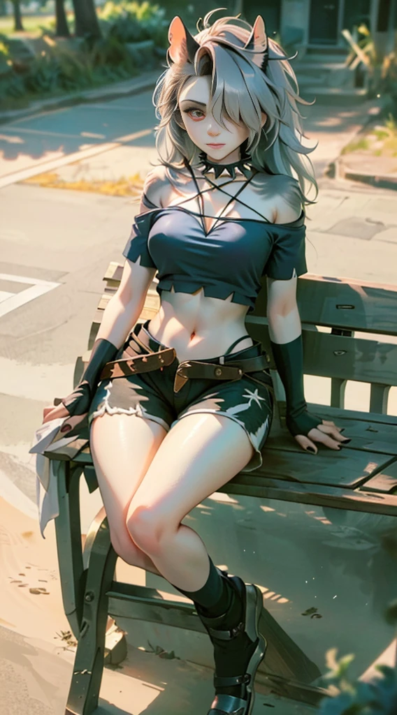 highres, 1girl, ((hair cover one eye, loona shorts, face detailed, spiked collar, pentagram on chest, Legs long, bored face, feets, and to the cauda, academy, dentro da academy, luvas loona, sitting on a bench))), 独奏, crop top, breasts big, fully body, tummy, Waist slender, big hips, ((((正面)))), loona, black thighighs, velues, Pelo, antrum, Eyes red, patas
