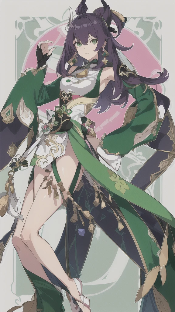create a full-body female Genshin Impact character, with medium hair down to the waist in pink, skin fair, green eyes mixed with purple, her clothes at the top are a dark green bodysuit along with a semi-decorated dress in green and white.