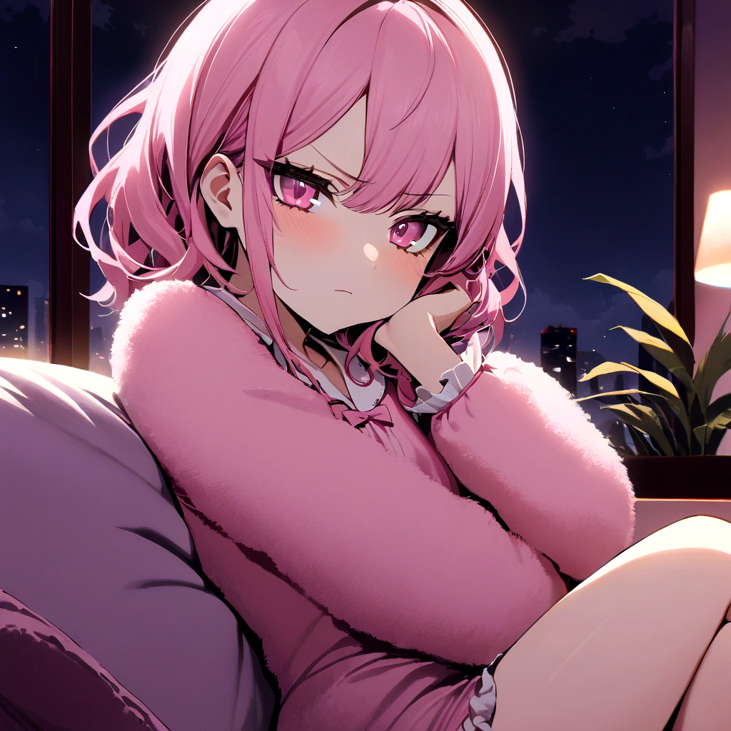 1 girl,(dim lighting),[detailed background (living room, night time),(pink hair),(Fluffy short pink hair, slim small girl), (pink eyes), (Girl wears pink pajamas), sitting on the sofa, annoyed and angry face, looking at viewer