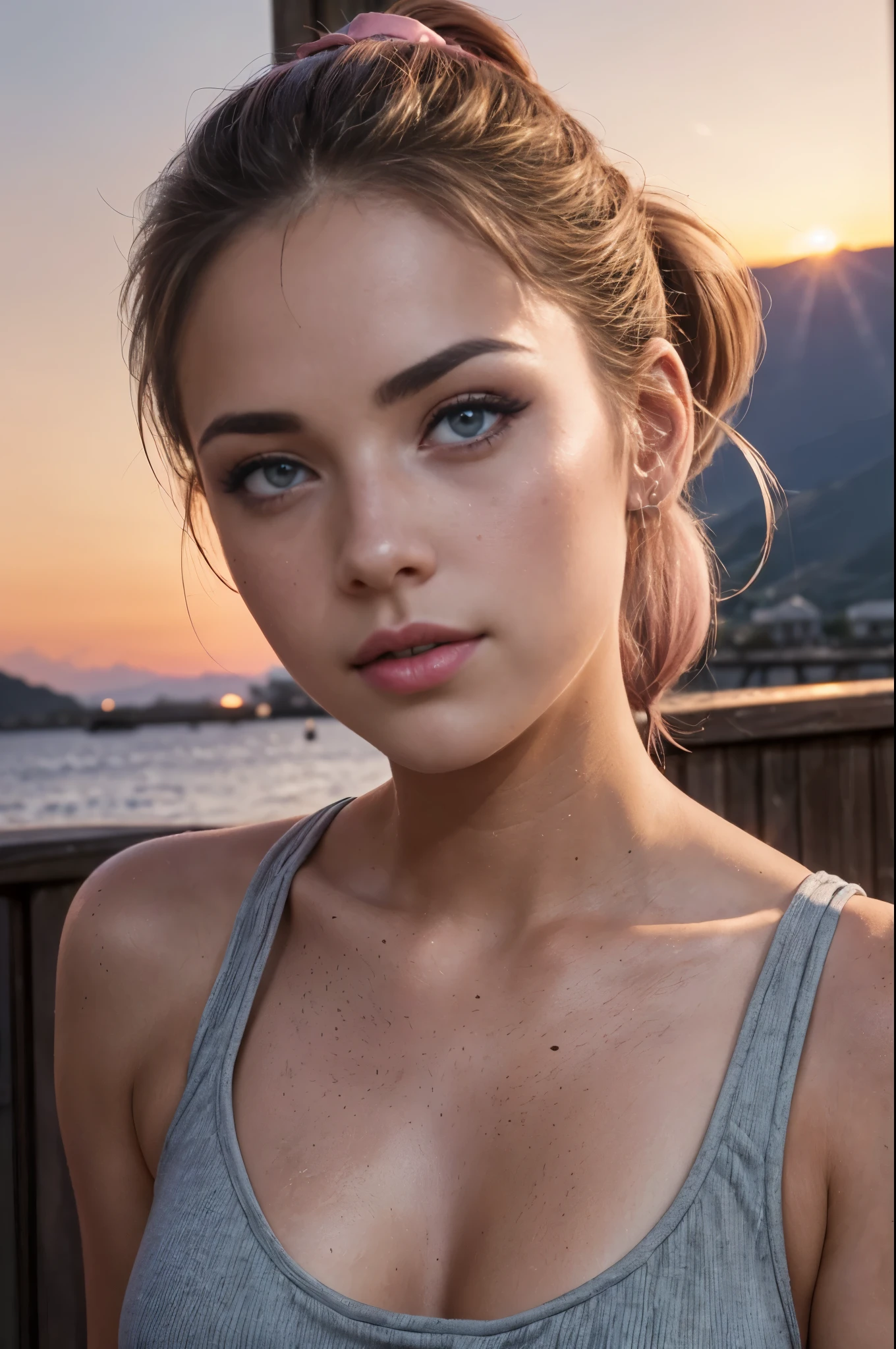 on the wooden pier, (tank top:1.2), (pink halter top:1.4), 1girl, fully dressed, Looking at Viewer, (extreme close up, ECU, full face shot:1.3), (face detailed:1.4), (candid photograph:1.2), Colouring, happy, Relaxed, soft smiling, (shoulder length hair:1.3), (foundation, Concealer, mascara, rosy cheeks, smokey eye makeup, lipstick:1.3), nail polish, (Beautiful, gorgeous, Flawless complexion:1.2), hair clips, hair bands, ribbons, Lip gloss, bright lips, freckles, antique rose, rustic brown, warm beige, dusty blue, faded olive, Standing, (Sunset, Twilight:1.25), fcDetailPortrait, professional photograpy, HDR (high dynamic range), Subsurface scattering, Realistic, heavy shadow, master part, ultra realistic, high resolution, proportion Aurea, rule of thirds, intrikate, High detail, cinematic movie photograph, dslr, (hair up in ponytail:1.3), (blue colored eyes:0.8), hair brunette