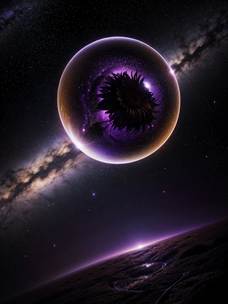 Globe crystal sunflower stars purple and gold, background field sky black hole 