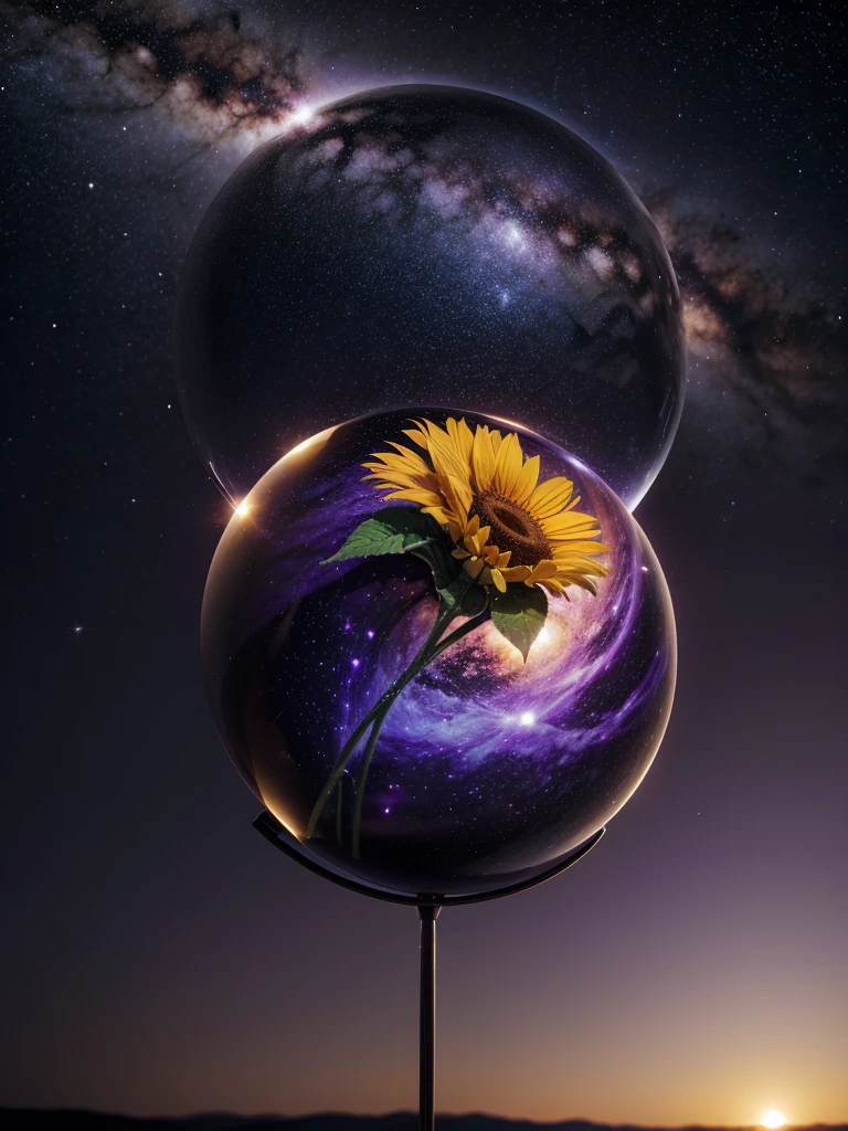 Globe crystal sunflower stars purple and gold, background field sky black hole