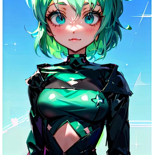 a drawing of a woman with green hair and a black top, Anime girl with teal hair, tatsumaki from one punch man, tatsumaki, Hatsune Miku short hair, mikudayo, Anime moe art style, Portrait Knight of the Zodiac Girl, female anime character, official character art, Portrait Anime Space Cadet Girl, offcial art, created with Anime Painter Studio